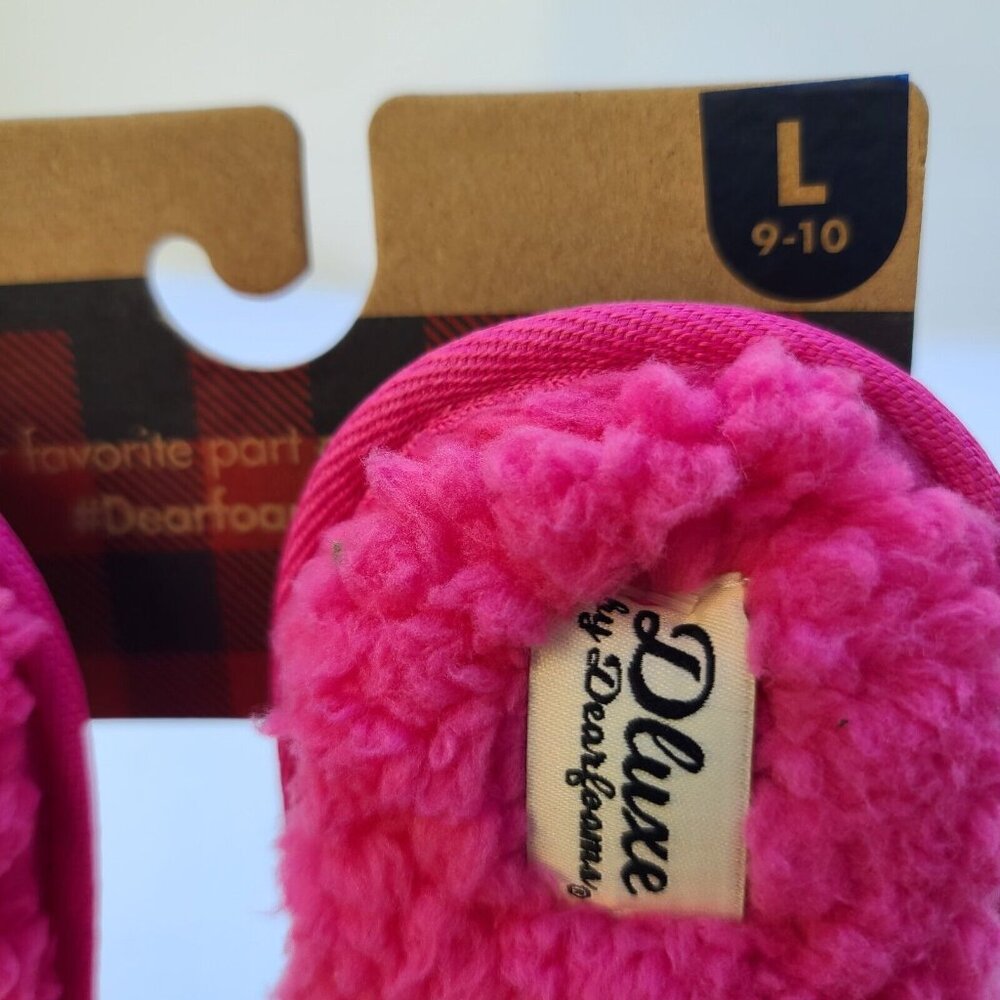 Dearfoams Dluxe Womens Plush Merry Vibes Holiday Slippers Pink Large (9-10) NEW - Picture 2 of 5